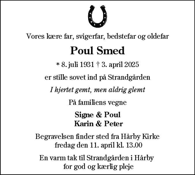 Dødsannonce for Poul Smed