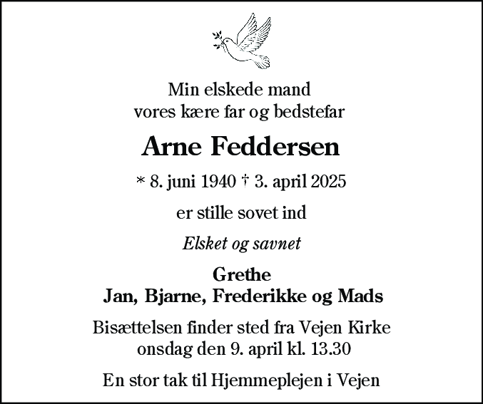 Dødsannonce for Arne Feddersen