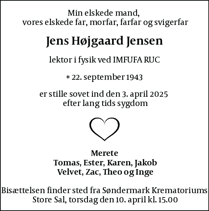 Dødsannonce for Jens Højgaard Jensen