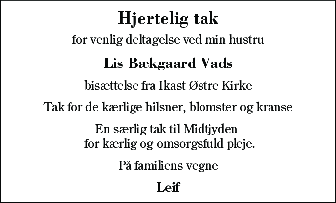 Dødsannonce for Lis Bækgaard Vad
