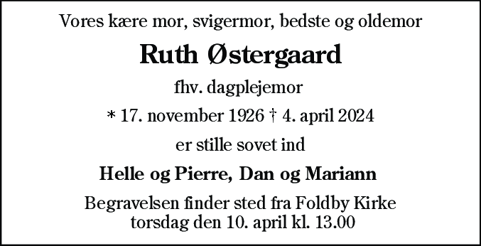 Dødsannonce for Ruth Ingeborg Østergaard
