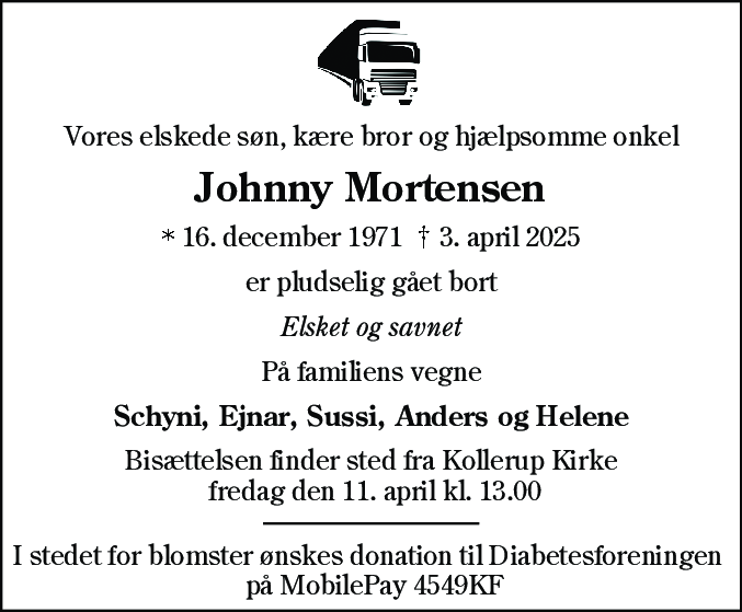 Dødsannonce for Johnny Kim Dalsgaard Mortensen