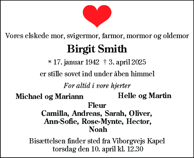 Dødsannonce for Birgit Smith