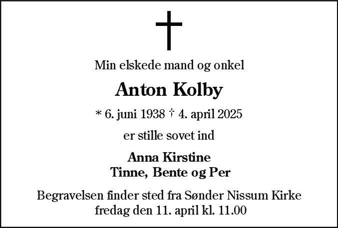 Dødsannonce for Anton Kolby