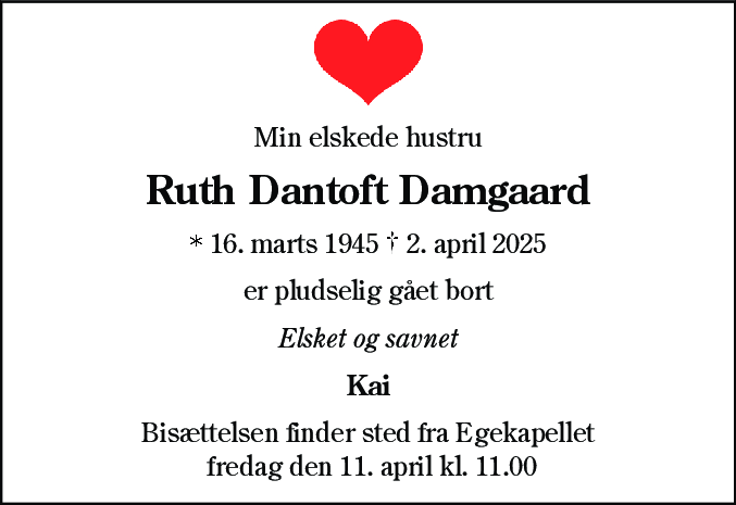 Dødsannonce for Ruth Damgaard