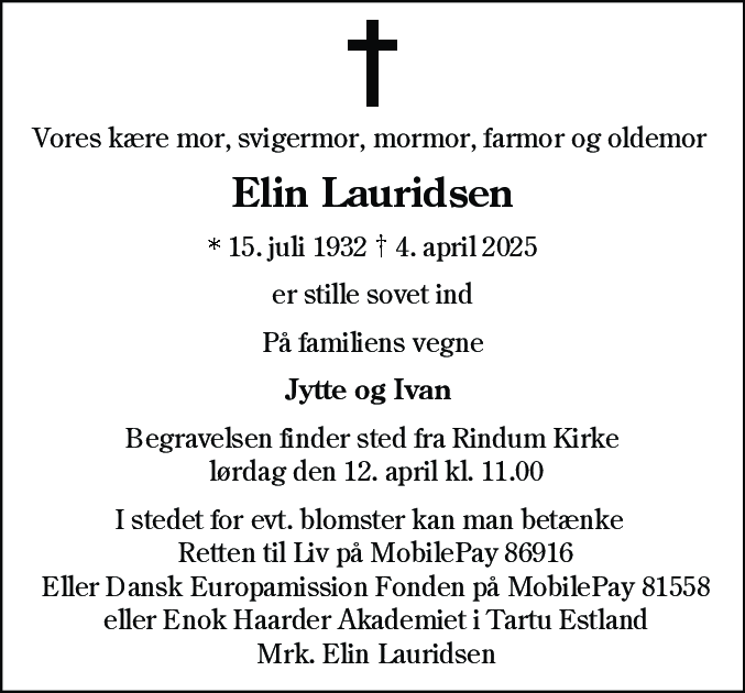 Dødsannonce for Elin Lauridsen