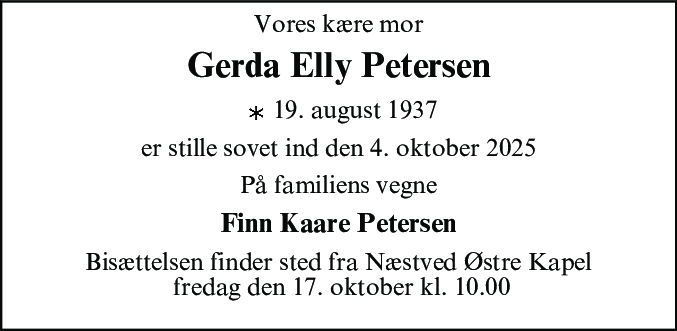 Dødsannonce for Gerda Elly Petersen