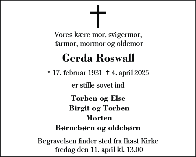 Dødsannonce for Gerda Roswall