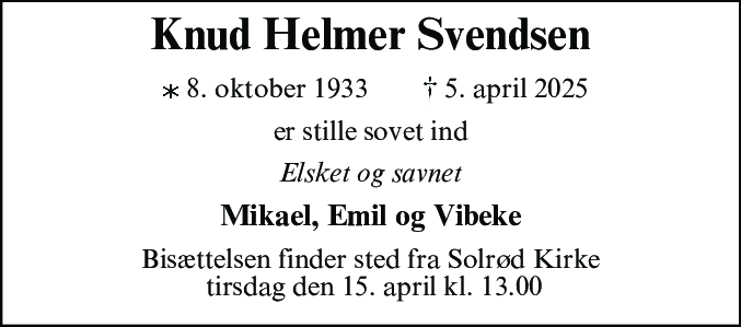 Dødsannonce for Knud Helmer Svendsen
