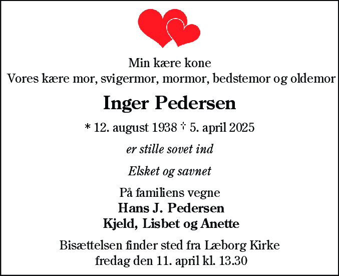Dødsannonce for Inger Pedersen