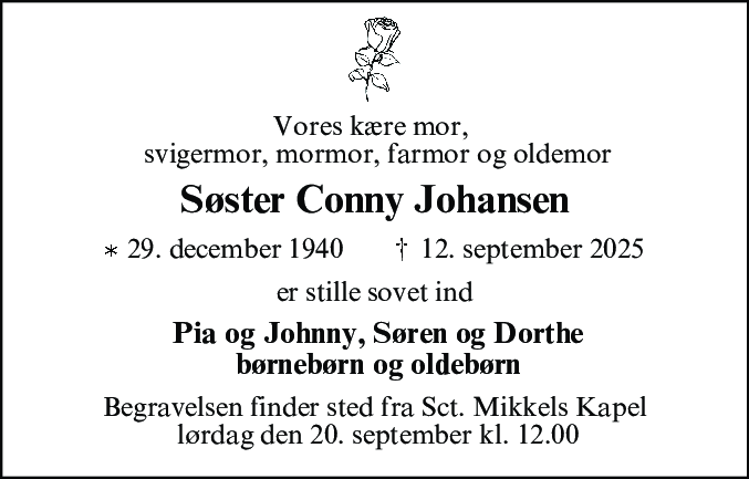 Dødsannonce for Søster Sonja Conny Mariane Johansen