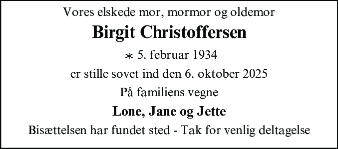 Dødsannonce for Else Birgit Christoffersen