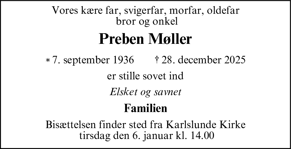 Dødsannonce for Preben Møller