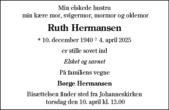 Dødsannonce for Ruth Hermansen