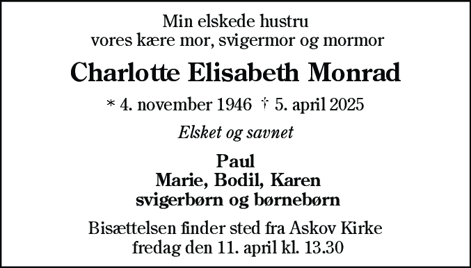 Dødsannonce for Charlotte Elisabeth Monrad