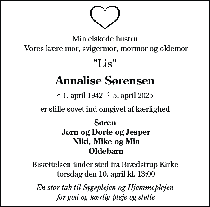 Dødsannonce for Annalise Sørensen