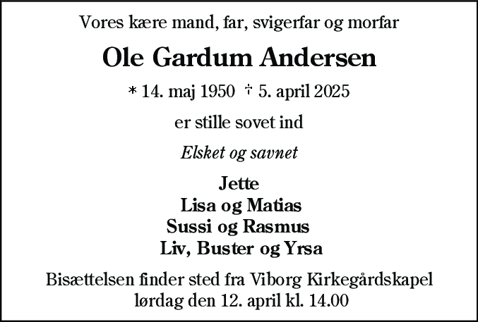 Dødsannonce for Ole Gardum Andersen