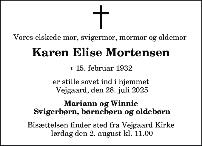 Dødsannonce for Karen Elise Mortensen