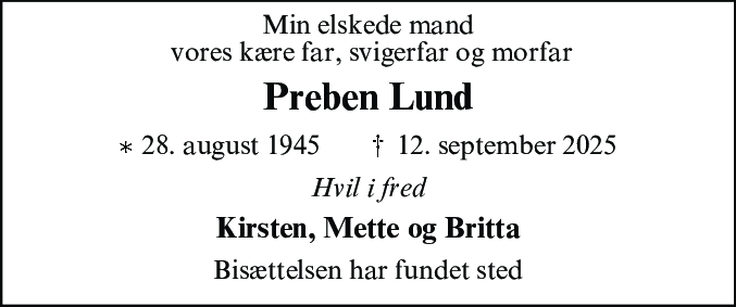 Dødsannonce for Preben Lund