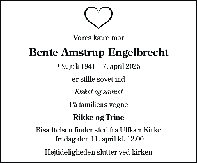 Dødsannonce for Bente Amstrup Engelbrecht