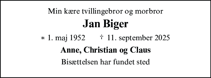Dødsannonce for Jan Biger