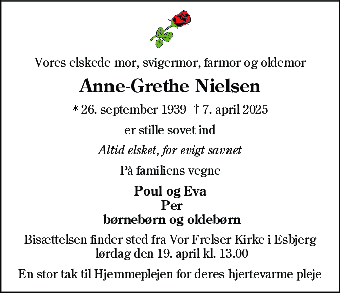 Dødsannonce for Anne-Grethe Nielsen