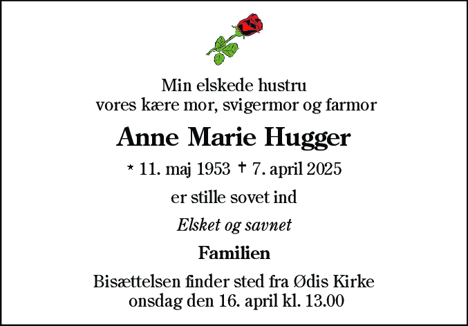 Dødsannonce for Anne Marie Hugger