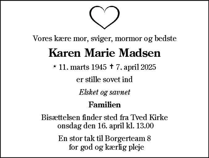 Dødsannonce for Karen Marie Madsen