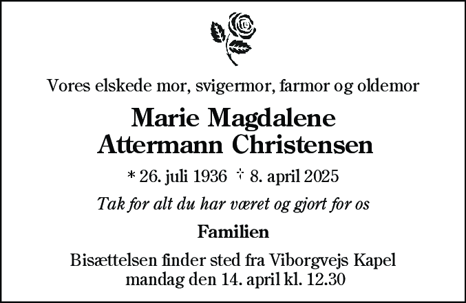 Dødsannonce for Marie Magdalene Attermann Christensen