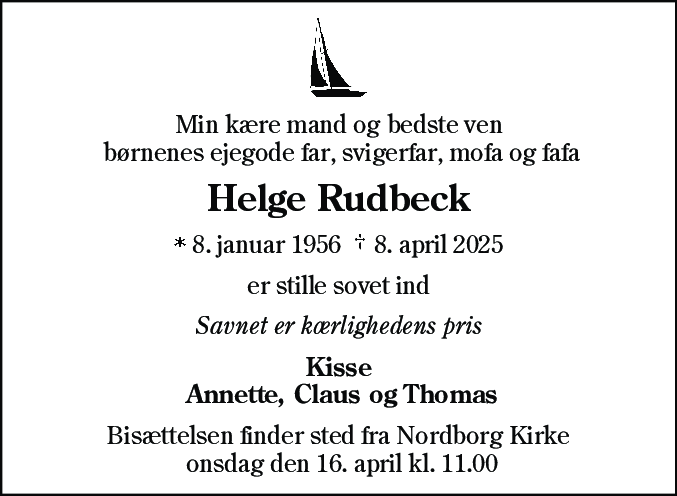 Dødsannonce for Helge Rudbeck