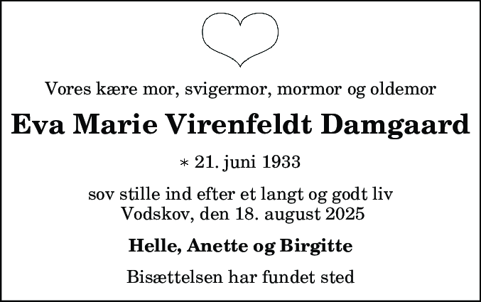 Dødsannonce for Eva Marie Virenfeldt Damgaard