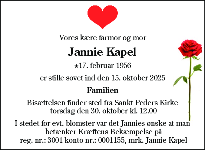 Dødsannonce for Jannie Grethe Kapel
