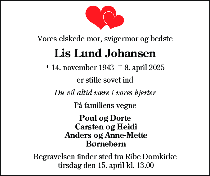 Dødsannonce for Lis Lund Johansen
