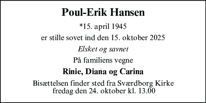 Dødsannonce for Poul-Erik Hansen