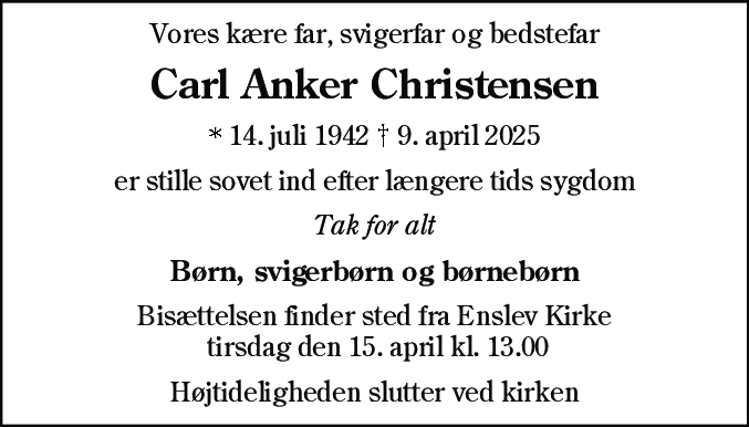 Dødsannonce for Carl Anker Christensen