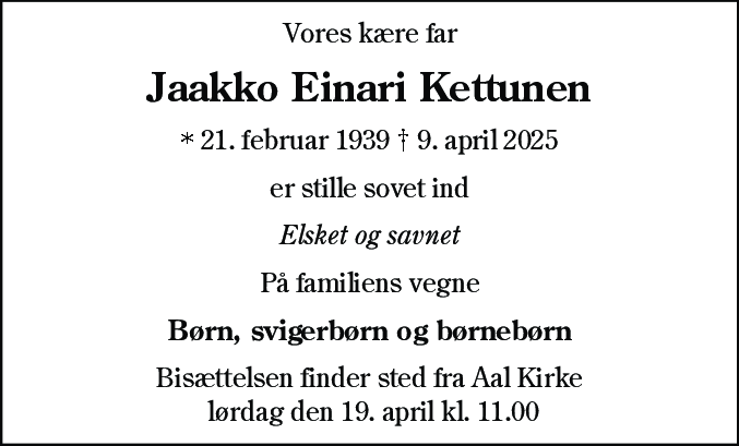 Dødsannonce for Jaakko Einari Kettunen