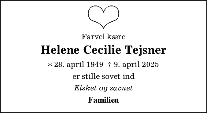 Dødsannonce for Helene Cecilie Tejsner