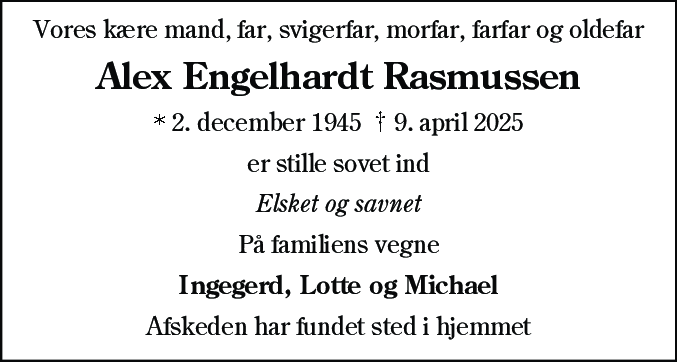 Dødsannonce for Alex Engelhardt Rasmussen