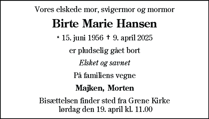 Dødsannonce for Birte Marie Hansen