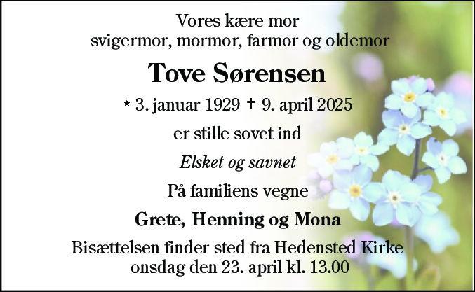 Dødsannonce for Tove Sørensen