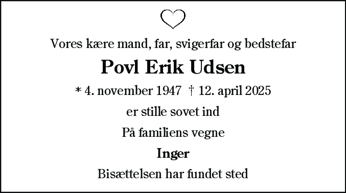 Dødsannonce for Povl Erik Udsen