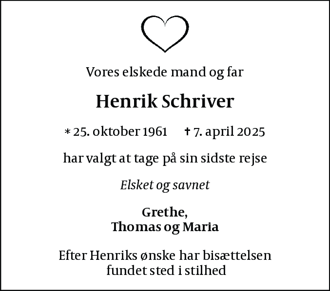 Dødsannonce for Henrik Schriver