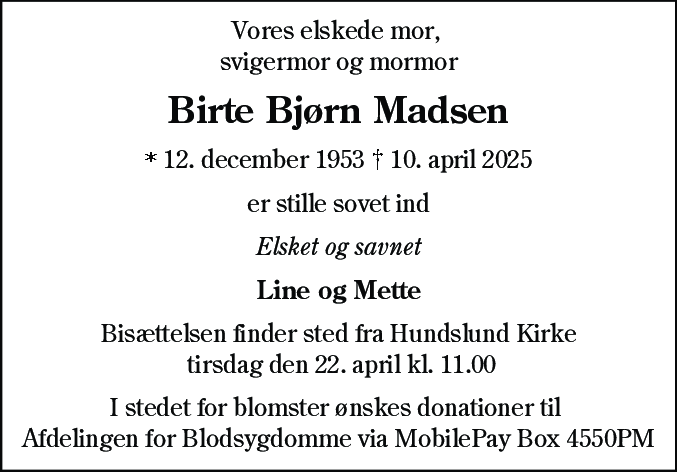 Dødsannonce for Birte Bjørn Madsen