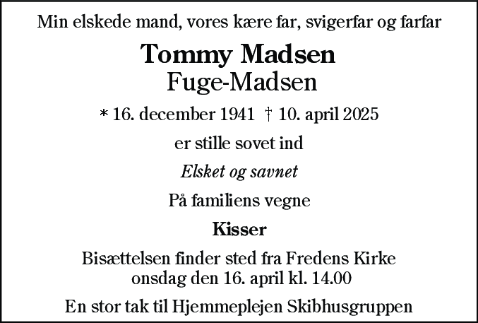 Dødsannonce for Tommy Madsen