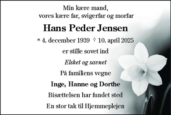 Dødsannonce for Hans Peder Jensen