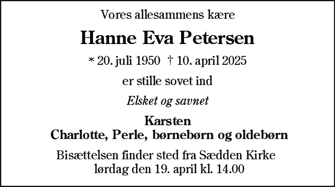 Dødsannonce for Hanne Eva Petersen