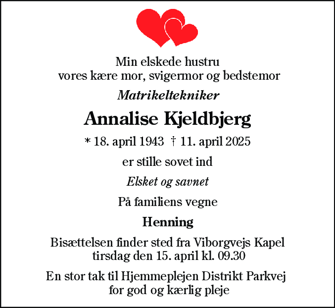 Dødsannonce for Annalise Kjeldbjerg