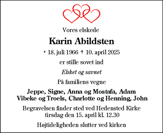 Dødsannonce for Karin Abildsten