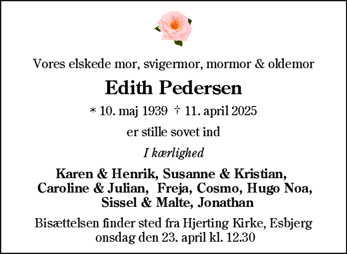 Dødsannonce for Edith Pedersen