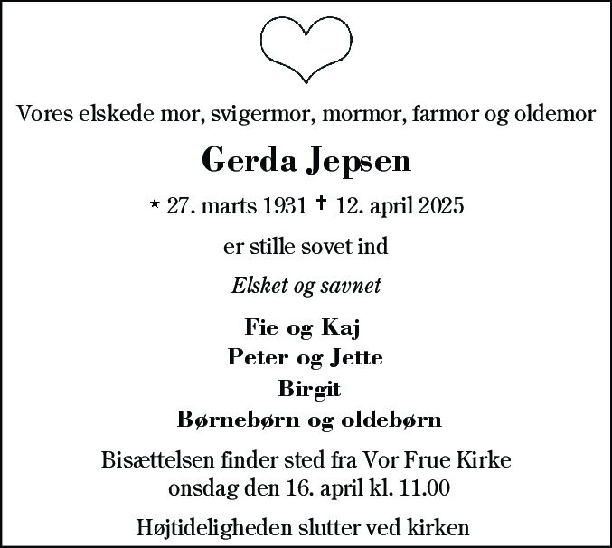 Dødsannonce for Gerda Jepsen
